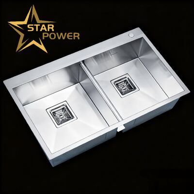 Kalite  STAR POWER 304 Stainless Steel Double Bowl Handmade Kitchen Sink with Customized Bowl Depth fabrika