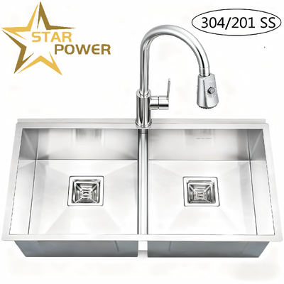 Kalite  STAR POWER Brushed 304 Stainless Steel Handmade Kitchen Sink with Double-Bowl Design and Pull-Out Faucet fabrika