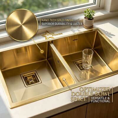 İyi fiyat Gold-Toned Food-Grade 304 Stainless Steel Main Auxiliary Bowl Kitchen Sink Flush-Mount 900mm 250mm Deep Basin çevrimiçi