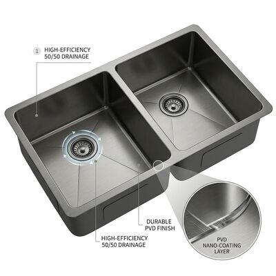 İyi fiyat PVD Gunmetal 304 Paslanmaz Çelik Tezgah Altı Mutfak Lavabosu, Çift Hazneli 50/50, Ses Yalıtımlı Kauçuk Pedler Kaplamalı çevrimiçi